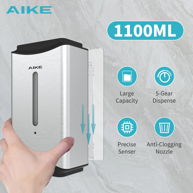 AIKE 1100ML Automatic Liquid Soap Dispenser Bathroom Hand Sanitizer Liquid Dispenser Stainless Steel Wall Mounted Soap Dispenser