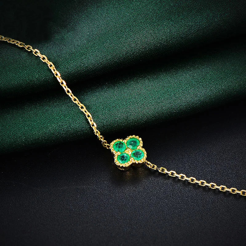 Metiseko S925 Sterling Silver Plated 14K Gold Emerald Colour 4-leaf Clover Bracelet Women's Simple Geometric Bracelet for Party