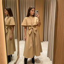 Women Trench Style Midi Dress Stand Collar Cape Overlay Short Sleeve Belted Waist A‑Line Dresses Autumn Elegant Office Outfits