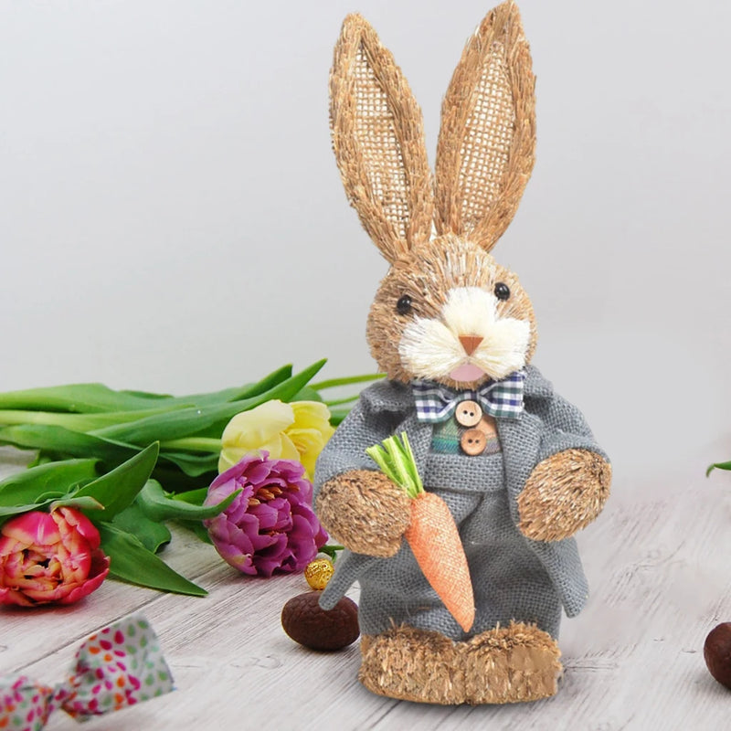 Cute Straw Rabbits Bunny Standing Decorations w/Carrots for Easter Party Home Garden Wedding Ornament Photo Props Crafts