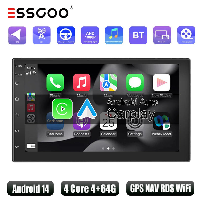 ESSGOO Car Stereo Radio Wireless CarPlay Android Auto 2 DIN 7" Car Stereo HD FM-Radio GPS Touch Screen Head Unit 4+64G DAB+ AHD