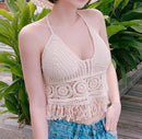 Sommerurlaub Strand Camis Lady Sexy Quasten Häkel-Camisole Frauen Sexy Quasten Bikini Camis weibliche Häkel-Neckholder Bikini-Tops