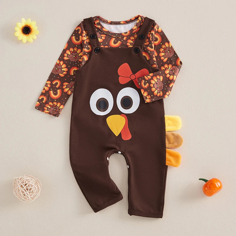 Baby Girl 2Pcs Thanksgiving Outfits Long Sleeve Turkey Print Romper Overalls Set Infant Clothing