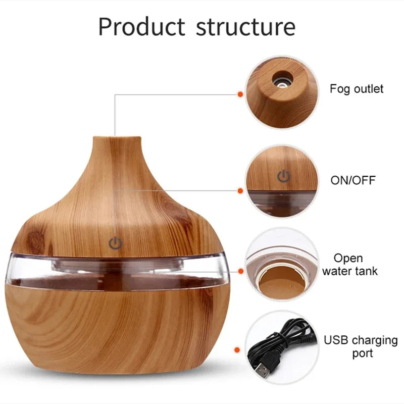 USB 300ML Air Humidifier Electric Aroma Diffuser Mist Wood Grain Oil Aromatherapy Mini Portable Newfashioned For Car Home Car