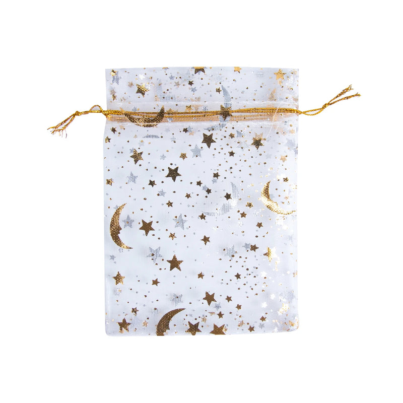 50Pcs Eid Mubarak Decoration Mesh Bag Organza Hot Stamping Silver Star Moon Candy Gift Drawstring Packaging Bag Party Supplies