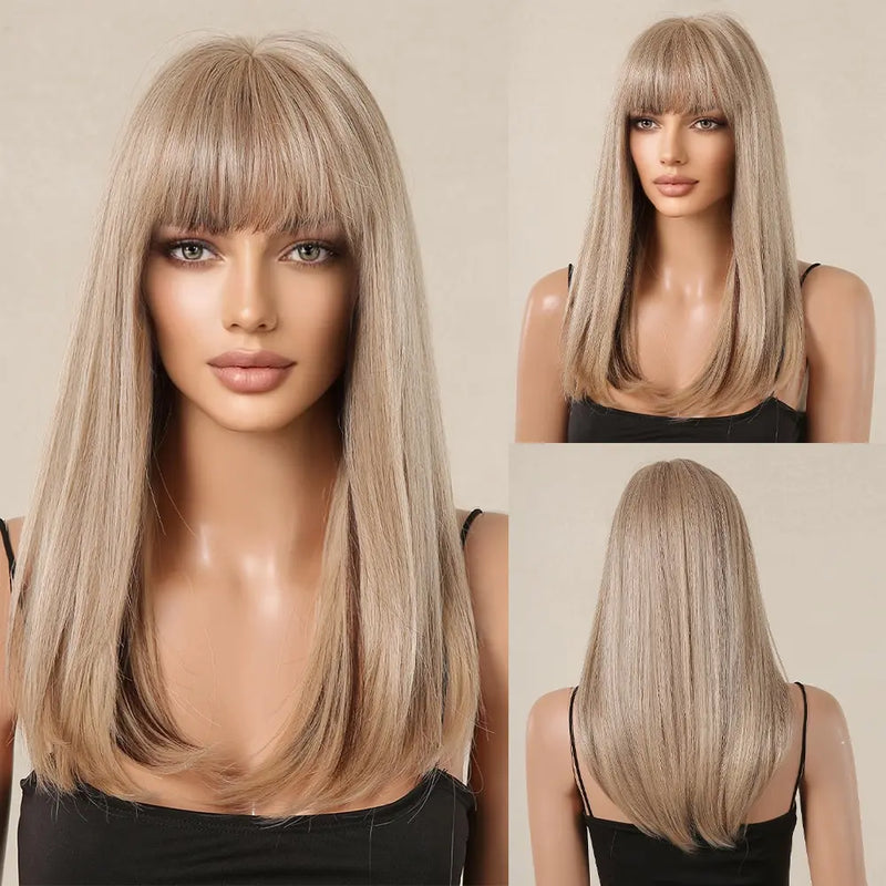 Blonde with Brown Highlight Long Straight Synthetic Wigs for Women Natural Hair Wigs with Bangs Heat Resistant Cosplay