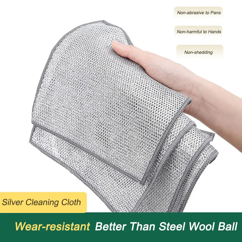 Quick Drying Silver Wire Cleaning Dish Cloth Metallic Line Scouring Pad Household Wet Rag For Kitchen Gadget