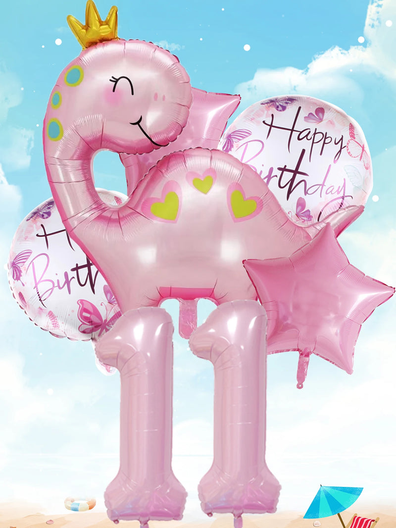 1set Pink Crown Dinosaur Foil Balloons 40 Inch Number Helium Balloon Baby Girl Children‘s Birthday Party Decorations Kids’