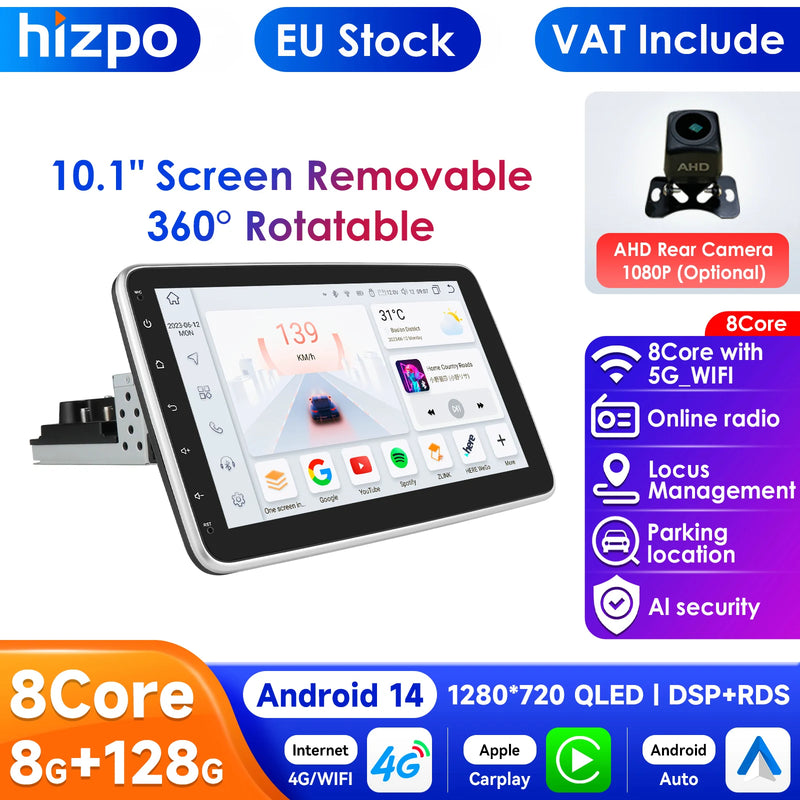 1 Din Android Car Stereo Radio 10.1 Rotate Touch Screen Removable for Universal Carplay GPS Navigation Bluetooth WIFI Autoradio