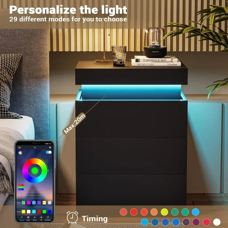 Nightstand with Charging Station and LED Lights, Nightstand with Sliding Top, Bedside Tables with Drawers, Modern End Side Table