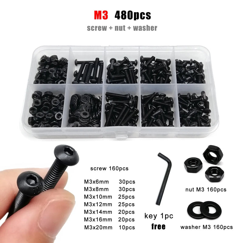 M1.6 M2 M2.5 M3 M4 M5 M6 M8 Black Grade 10.9 Steel Allen Hexagon Hex Socket Button Round Head Screw Bolt Nut Washer Kit Set Box