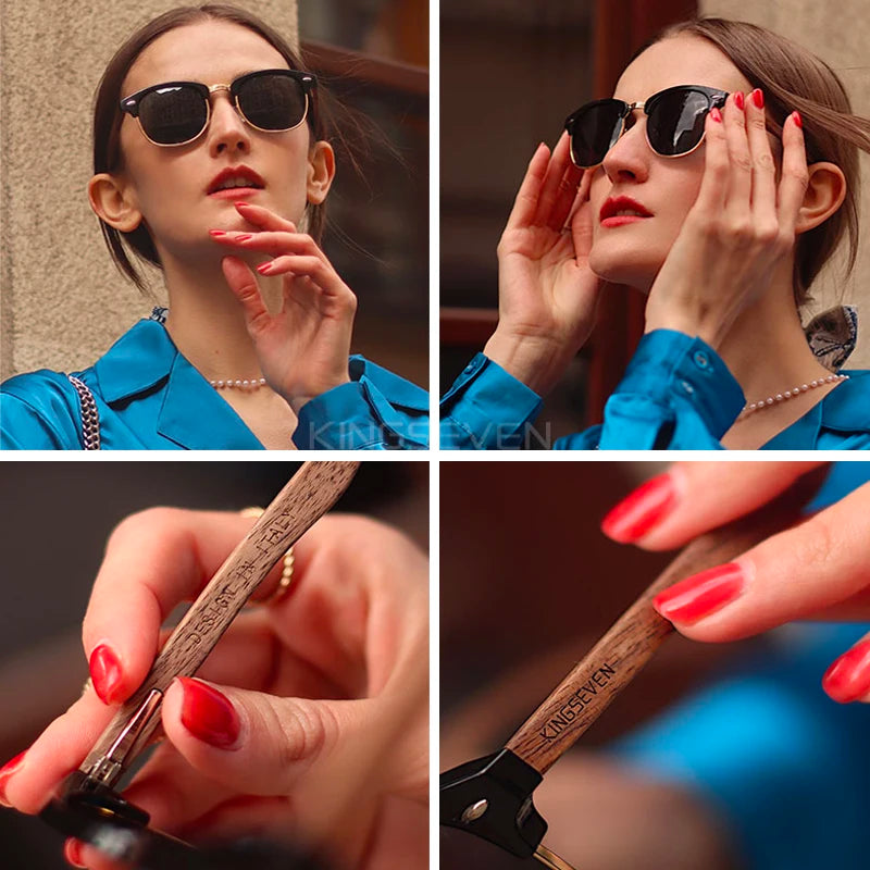 KINGSEVEN Handmade Black Walnut Wooden Sunglasses Men Polarized UV400 Protection Semi-Rimless Retro Eyewear Women For Driving