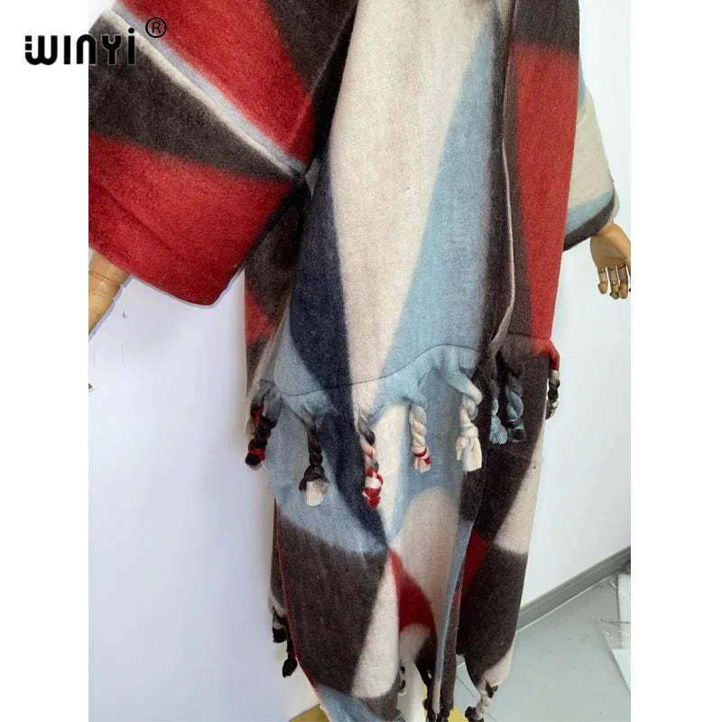 2022 WINYI Winter Women tassel Cardigan coat Loose Christmas dress robe longue Thick Warm free size Middle East Female Kaftan