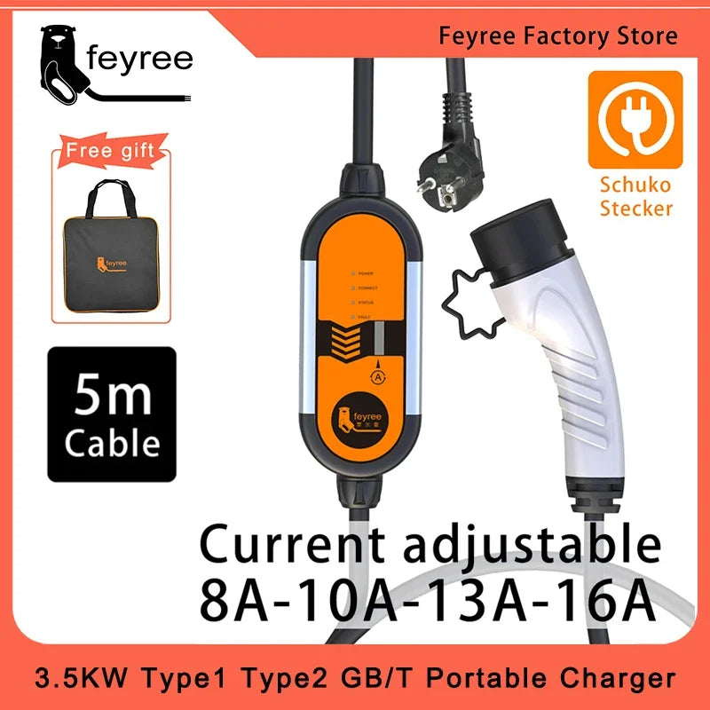 EV Portable Charger Type2 Plug/GB/T Plug Connector 16A Single Phase 3.5KW Type 1 Wallbox Charging Station for Electric Vehicle