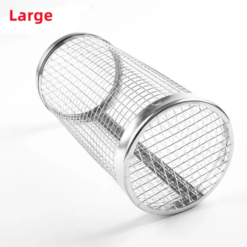 New Rolling Grilling BBQ Basket Stainless Steel Leakproof Mesh Barbecue Rack Outdoor Picnic Camping Simple Cylindrical BBQ Grill
