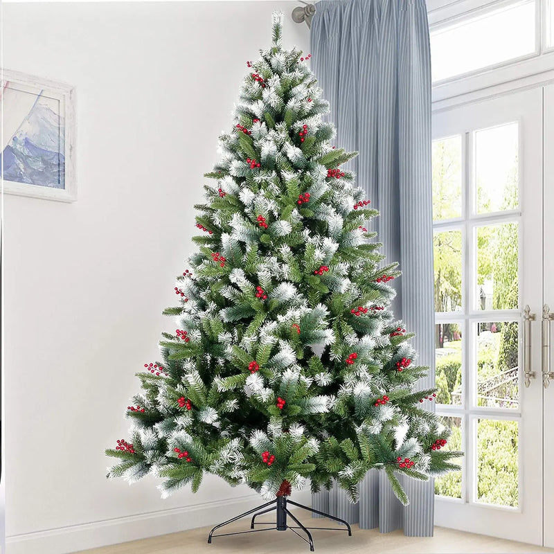 Red Berry snow artificial Christmas tree and metal folding stand for festive decoration big fir hinged
