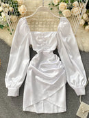 New Spring Autumn Women's Satin Dress Retro Black Pink White Square Neck Long Sleeve Mini Dresses for Women GD580