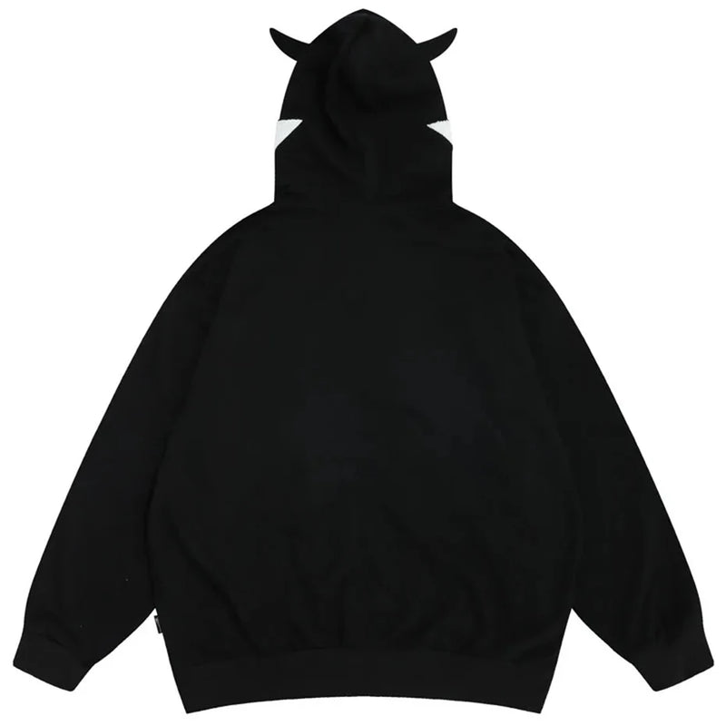 Men Devil Horns Hoodie Coat Y2K Hip Hop Embroidery Star Two Way Zip Up Hooded Sweatshirt Streetwear Harajuku Fashion Emo Hoodies