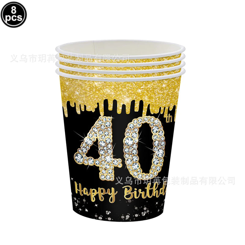 40th Birthday Party Disposable Tableware Plate Cup Napkin Black Gold Party Decorations Birthday Balloon 40 Years Party Supplies