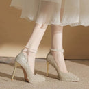 New Pearl Waterproof High Heel Shoes Women's Spring Autumn Pointed Toe Thin Heel Champagne Color Crystal Bride Marriage Shoes