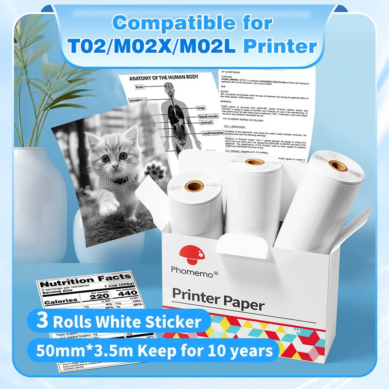 3 Rolls Phomemo White Sticker Paper Thermal Label for T02 M02L Portabal Mini Printer Keep for 10 Years Sticky Paper 50mm/53mm