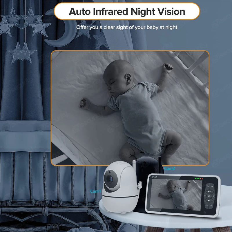 5''HD Baby Monitor with 2 Cameras Pan-Tilt 4X Zoom 2-way Audio Baby Camera Nanny Night Vision 22-Hour Batterr Video Babysitter