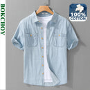 2024 Summer New Casual Denim Short Sleeve Shirts Men Clothing Pure Cotton Thin Soft Streetwear FY9358