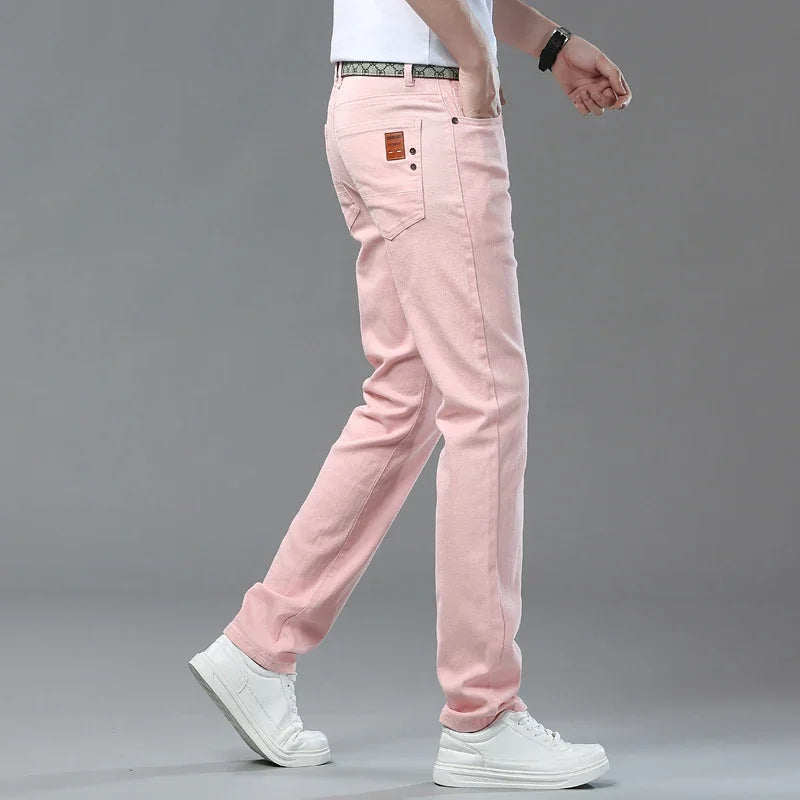 White Yellow Pink Red Fashion 5 Color Fashion Men's Stretch Jeans Slim Streetwear Korean Business Straight Casual Denim Trousers