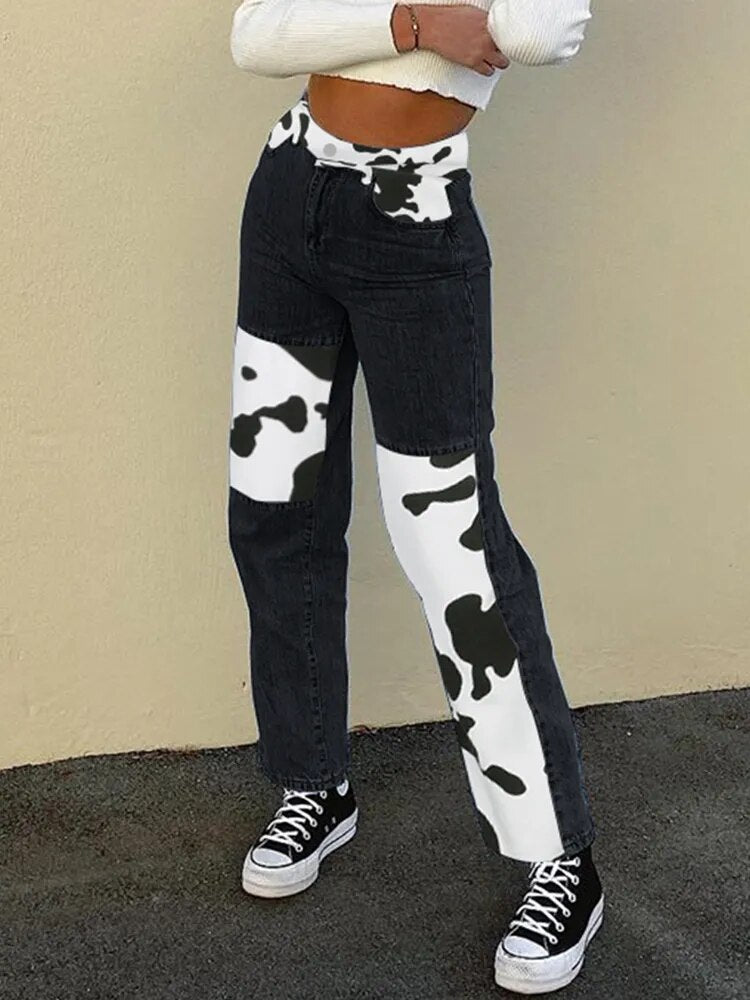 HEYounGIRL Patchwork Cow Print Jeans Women Casual High Waisted Pants Capris Harajuku 90s Black Long Trousers Ladies Street