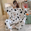 2 Piece Set Long-Sleeved Pyjamas Women Silk Sleepwear Autumn and Winter Korean Version Large Size Ladies Cartoon Bear Home Wear