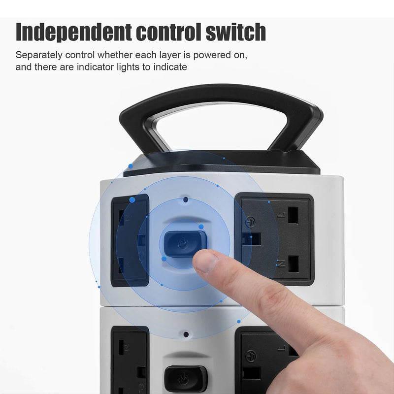 7/11/15 Ways Tower Socket Surge Protector Vertical Power Strip UK Plug Multi Outlets with 2 USB 2m Extension For Home Office