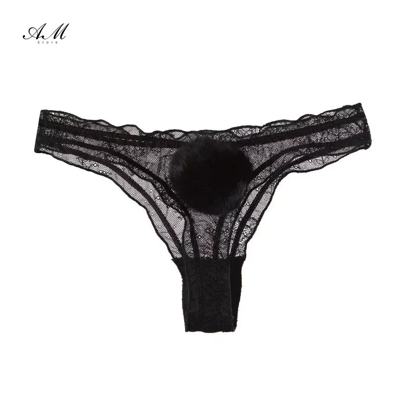 2023 New Cute Rabbit Tail Women's Underpants Sexy Lace Panties See-Through G String Mesh Breathable Underpants Ladies Sexy Thong