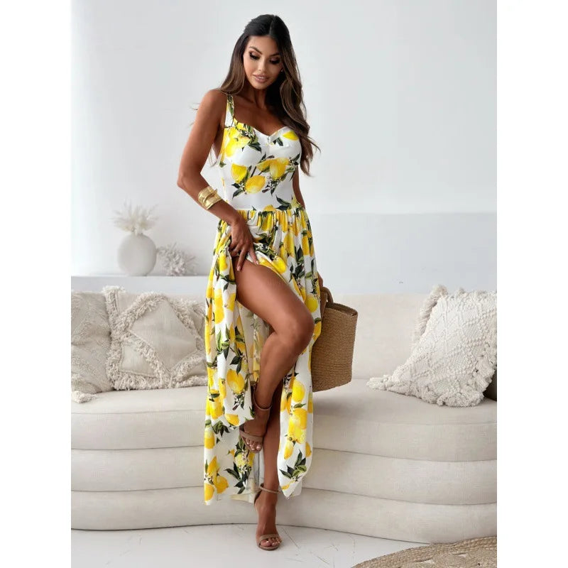 2024 Summer Maxi Dresses For Women Lemon Strap Fruit Print Strap Vacation Sress Robe Elegant Dresses For Women Robe Longue Femme