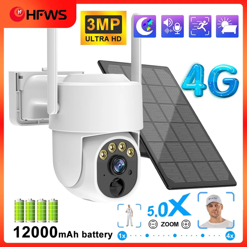 5X zoom security protection 3MP solar 4g sim 12000 mAh battery powered 3W solar Outdoor surveillance cam camera wifi sim