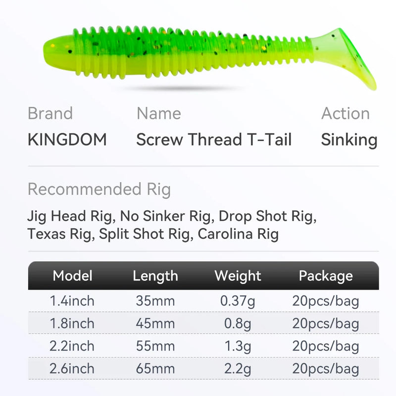 KINGDOM Screw Thread T-Tail Soft Fishing Lures 0.37g 0.8g 1.3g 2.2g Sinking Action PVC Soft Bait Artificial Swimbaits 20pcs/bag