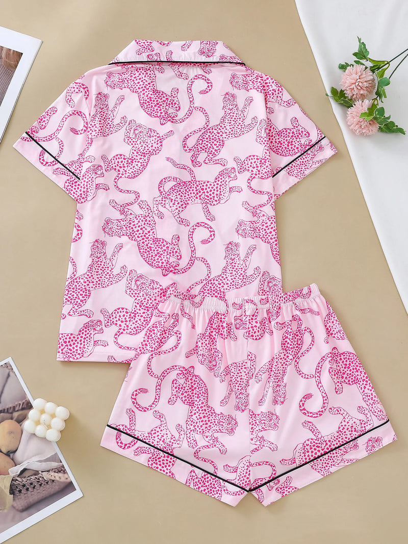Casual pink leopard print pajama set for women lapel short-sleeved top and baggy shorts loungewear for women