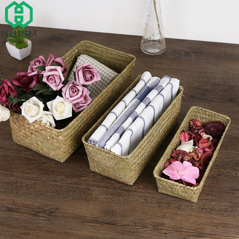 WHISM Handmade Wicker Storage Basket Rattan Fruit Tea Storage Box Holder Seagrass Picnic Basket Wickerwork Cosmetics Organizer