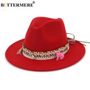 BUTTERMERE Womens Fedora Hat Wool Khaki Jazz Hats Female National Casual Large Brim Vintage Autumn Classic Felt Hat And Cap 2022
