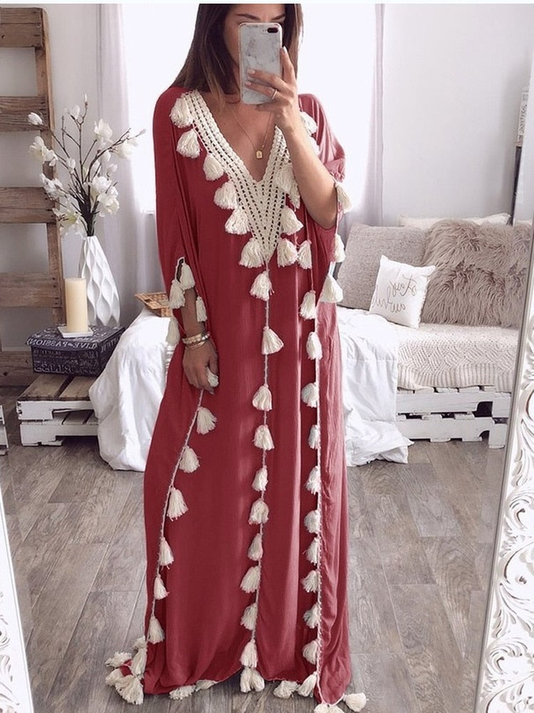 Dubai Turkey Muslim Abaya Dress Women Boho Summer Tassel Moroccan Kaftan Sundress Islamic Clothing Long Dresses Ropa Long Robes