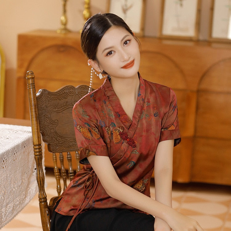 Traditional Chinese Print Flower Women Tang Coat Tops Sexy Slim Shirt Soft Silk Satin Blouse Vintage Classic Clothing Plus Size