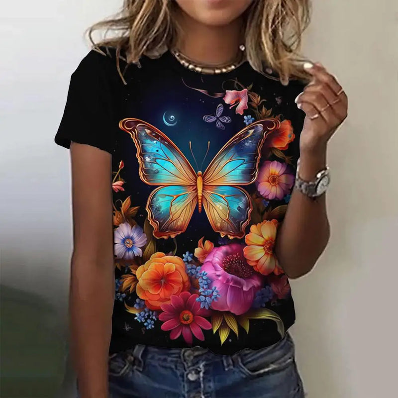 2023 Summer Fashion Blouse Women's Tshirts 3d Butterfly Theme T Shirt Casual Short Sleeve Top Basic Oversized Female Clothing