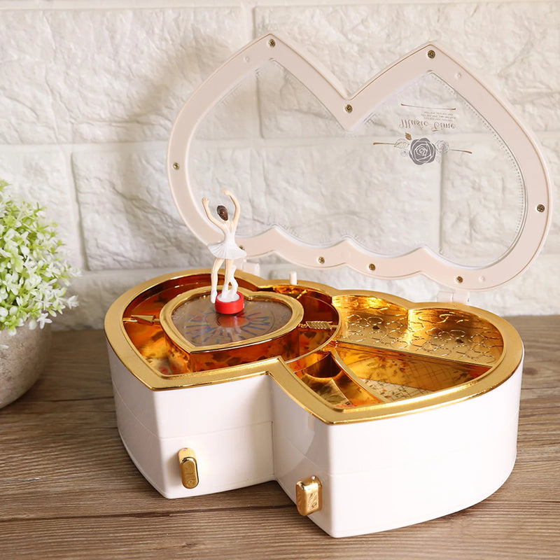 Ballet Dancer Music Box Double Heart Shaped Jewelry Storage Case Ballerina Musical Box Gift For Girls