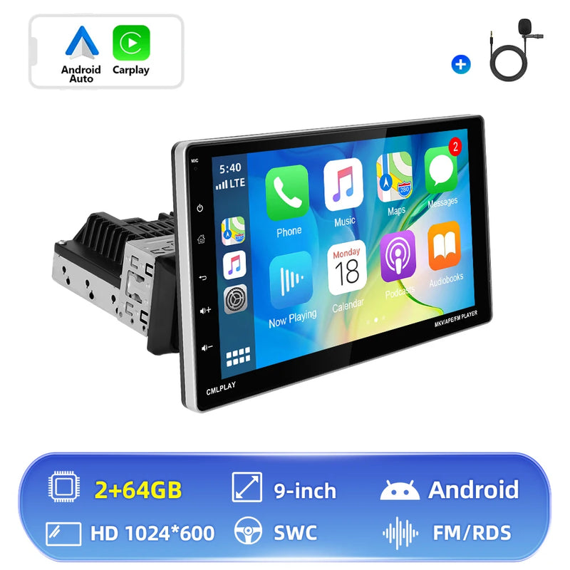 Hikity Universal 9" car Radio 1din Android car Radio Carplay Rotatable Screen Bluetooth FM Radio Receiver Support TF/USB