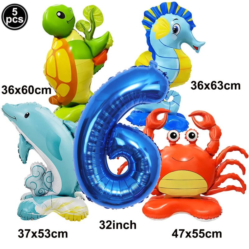 5pcs Cute Sea Animal Balloons Include Crab Seahorse Dolphin Turtle Shape Balloon Under The Sea Party Decors for 1st Birthday