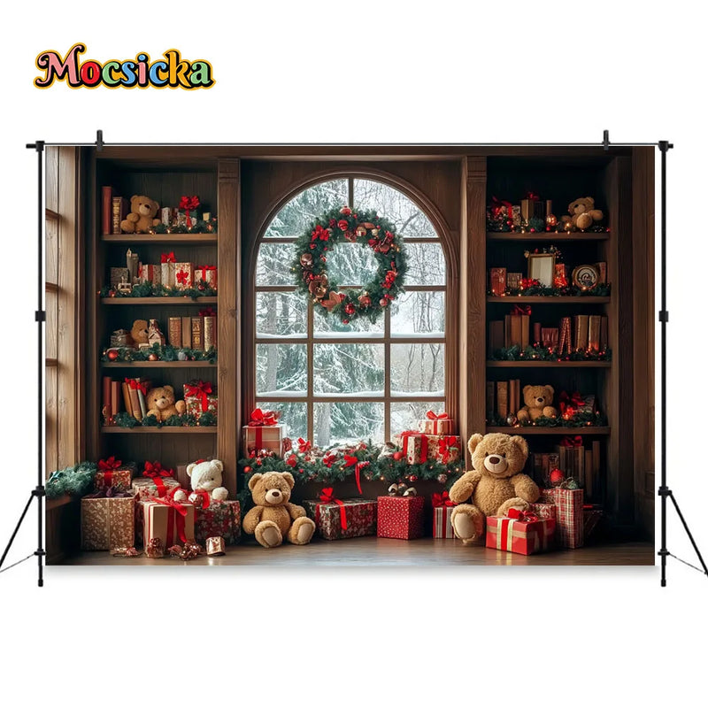 Christmas Toy Bear Gift Room Background Photography Kids Baby Show Wooden Bookshelf Window Backdrop Winter Xmas Tree Gift Booth