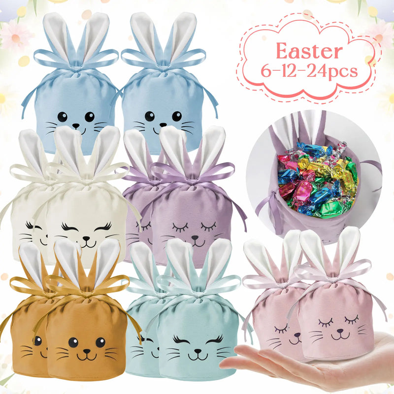 12-24pcs Easter Rabbit Bags Ears Velvet Bunny Gift Bags Chocolate Candy Box For Wedding Birthday Party Easter Decoration Storage