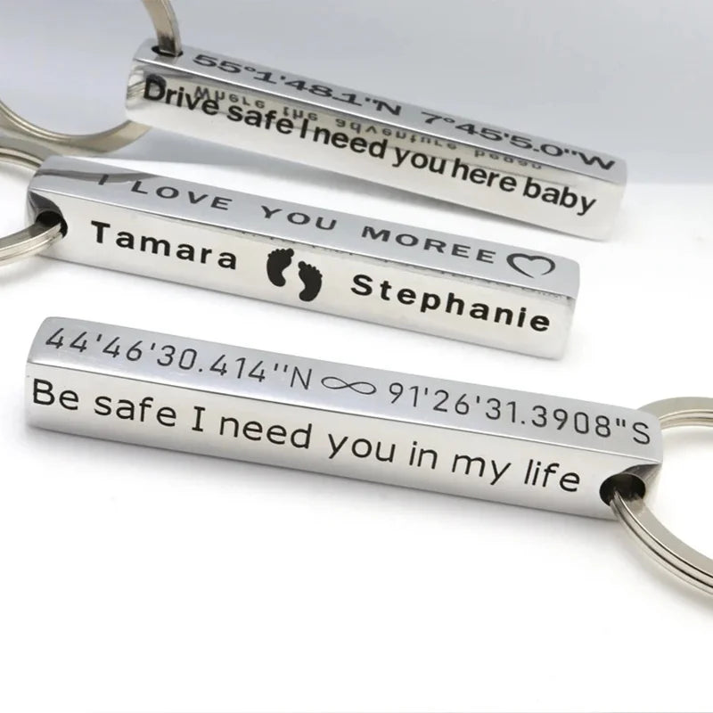 Vnox Personalize Keychains, Custom Father's Day Gift to Him, 3D Bar Key Chain, Stainless Steel Name Date Logo Engraving Keyrings
