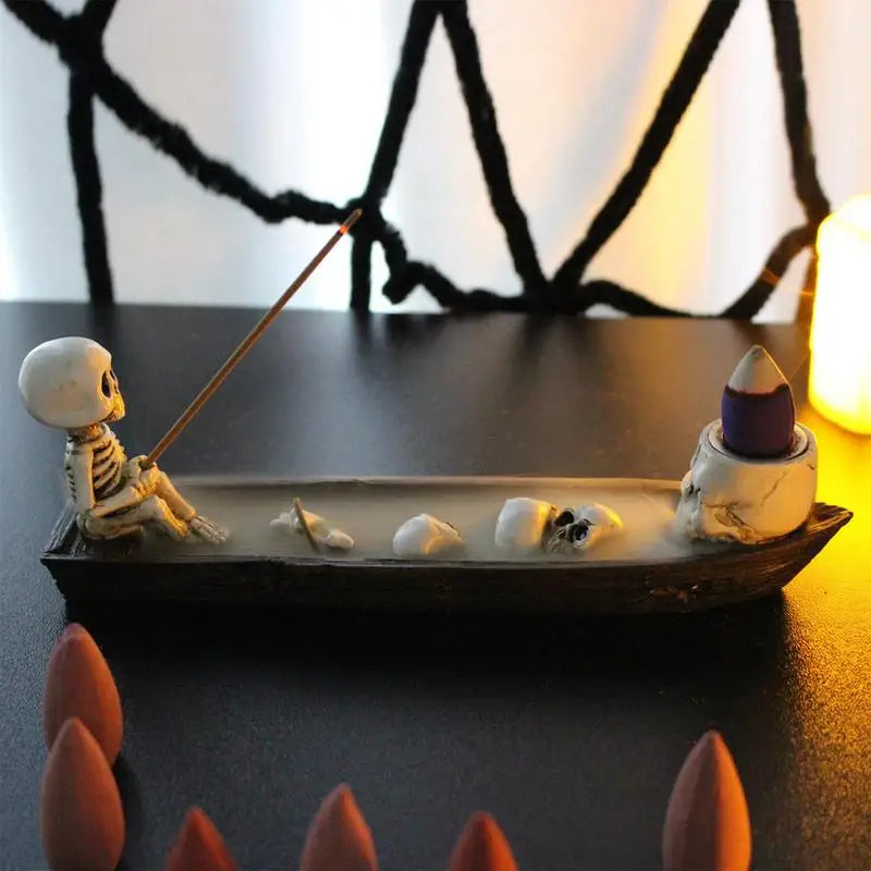 Skull Incense Holder Resin Incense Burner Craft Skeleton Fishing Boat Decoration For Yoga Studios Study And Living Room Ornament