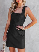 Sleeveless PU Leather Tank Dress Women Vintage Square Neck Loose Dress Party Black Costume Mini Dress Summer Clubwear Custom