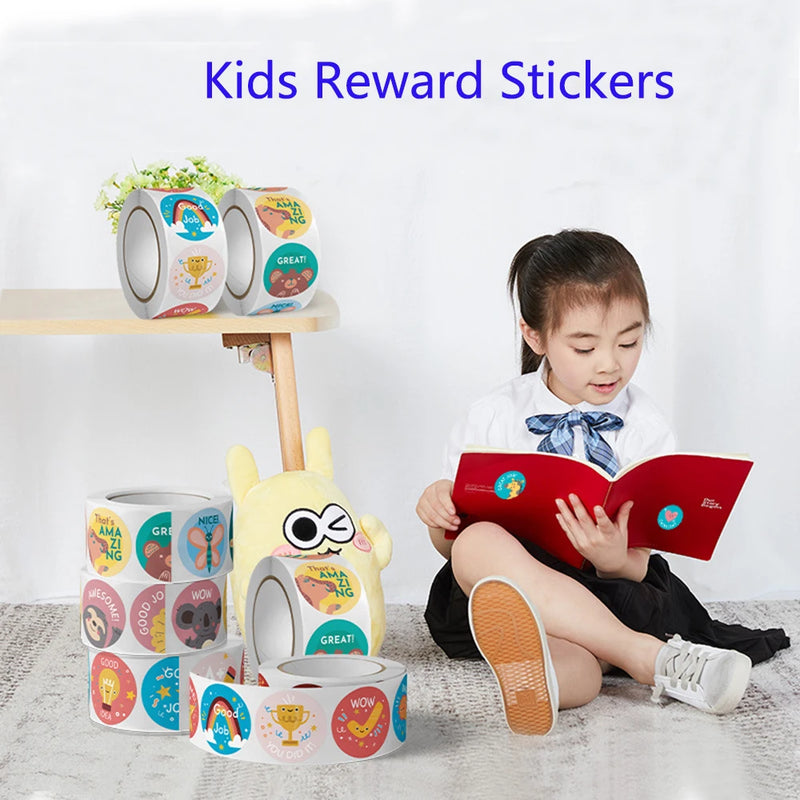 50-500Pcs Round English Cartoon Animal Stickers Teacher Reward Students Stickers Self-adhesive Stationery Stickers